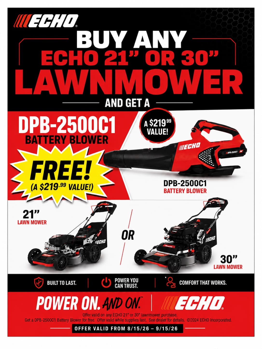Echo Fall 2026 Flash Sale Free battery powered blower with Echo Mower purchase